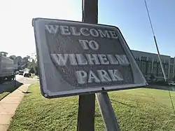 Sign for Wilhem Park, Baltimore at intersection of Wilkens Avenue and Desoto Road