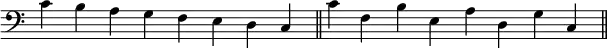 {
\omit Score.TimeSignature
\relative c' { \clef F \time 8/4
c b a g f e d c \bar "||" c' f, b e, a d, g c, \bar "||"
} }
\layout { \context { \Score \override SpacingSpanner.base-shortest-duration = #(ly:make-moment 1/16) } }