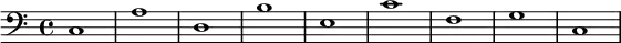 {
\new Staff <<
\new Voice \relative c' {
\stemDown \clef bass \key c \major \time 4/4 \tempo 1 = 60 \set Score.tempoHideNote = ##t
c,1 a' d, b' e, c' f, g c,
}
>>
}