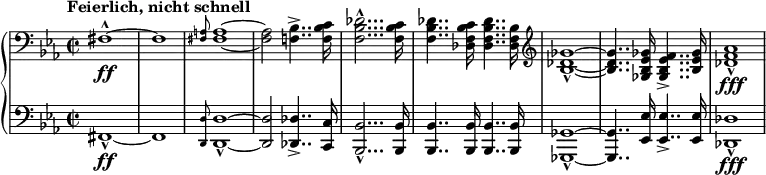 \relative c {
\new PianoStaff <<
\new Staff {
\set Staff.midiInstrument = #"trombone" \key c \minor \clef "bass" \time 2/2 \set Score.tempoHideNote = ##t \tempo "Feierlich, nicht schnell" 2 = 70
fis1 \ff ~ ^^ |
fis1 |
\grace { <fis a>8 } <fis a>1 ~ |
<fis a>2 <f bes>4.. -> <f bes c>16 |
<f bes des>2... ^^ <f bes c>16 |
<f bes des>4.. <des f bes c>16 <des f bes des>4.. <des f bes>16 |
\clef "treble" <bes' des ges>1 ~ _^ ~ |
<bes des ges>4.. <ges bes es ges>16 <ges bes es f>4.. -> <bes es ges>16 |
<des f as>1 \fff _^ |
}
\new Staff {
\set Staff.midiInstrument = #"trombone" \key c \minor \clef "bass"
fis,,1 \ff ~ _^ |
fis1 |
\grace { <d d'>8 } <d d'>1 ~ _^ |
<d d'>2 <des des'>4.. -> <c c'>16 |
<bes bes'>2... _^ <bes bes'>16 |
<bes bes'>4.. <bes bes'>16 <bes bes'>4.. <bes bes'>16 <ges ges'>1 ~ _^ |
<ges ges'>4.. <es' es'>16 <es es'>4.. -> <es es'>16 |
<des des'>1 \fff _^ |
}
>>
}