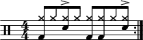 \version "2.22.0"
\header { tagline = ##f}
\score {
\drums \with {midiInstrument = "drums"}
\with { \numericTimeSignature }
{
\repeat volta 2 {
\stemUp
<cymra bd>8 cymra <cymra sne>^> cymra <cymra bd> <cymra bd> cymra <cymra sne>^>\break
}
}
\layout {}
}
\score {
\unfoldRepeats {
\drums \with {midiInstrument = "drums"}{
\repeat volta 2 {
\stemUp
<cymra bd>8 cymra <cymra sne>^> cymra <cymra bd> <cymra bd> cymra <cymra sne>^>\break
}
}
}
\midi { \tempo 4 = 120 }
}
