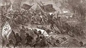 A black and white drawing of soldiers capturing several cannons in front of a house. The soldiers in the foreground carry a flag that reads "20th Wisconsin"