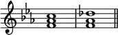 {
\override Score.TimeSignature
#'stencil = ##f
\relative c' {
\time 4/4 \key c \minor
<f aes c>1 <f aes des> \bar "||"
}
}