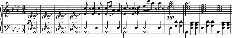 \relative b' {
\new PianoStaff <<
\new Staff { \key f \minor \time 3/4
\tempo \markup {
\column {
}
}
s32 \slashedGrace b,8( c2.) \slashedGrace b8( c2.) \slashedGrace b8( c2.) \slashedGrace b8( c2.) <ees c'>8 r <ees c'>4. <ees c'>8 <ees c'>( ees' aes,4) aes <ees c'>8 r <ees c'>4. des'8 ees c' aes r aes r <des, ees g bes>2.\pp <c ees aes> <g bes des f> <aes c ees>
}
\new Dynamics {
s\p
}
\new Staff { \key f \minor \time 3/4 \clef bass
<<
{ s32 \slashedGrace d,,8( <ees aes,>2.) \slashedGrace d8( <ees aes,>2.) \slashedGrace d8( <ees aes,>2.) \slashedGrace d8( <ees aes,>2.) ees2 ees4 ees2 ees4 ees2 ees4 ees2 ees4 }
\\
{ s32 \slashedGrace s8 s2. \slashedGrace s8 s2. \slashedGrace s8 s2. \slashedGrace s8 s2. aes, aes aes aes ees'4 <g des'> <g des'> aes, <ees' aes c> <ees aes c> ees4 <g des'> <g des'> aes, <ees' aes c> <ees aes c> }
>>
}
>>
}