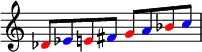 {
\omit Score.TimeSignature
\relative c' {
\once \override NoteHead.color = #red des8 \once \override NoteHead.color = #blue es \once \override NoteHead.color = #red e! \once \override NoteHead.color = #blue fis \once \override NoteHead.color = #red g \once \override NoteHead.color = #blue a \once \override NoteHead.color = #red bes \once \override NoteHead.color = #blue c
} }