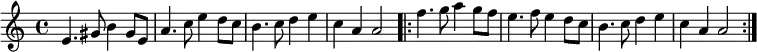 \relative a' {
\time 4/4
e4. gis8 b4 gis8 e8 a4. c8 e4 d8 c8 b4. c8 d4 e4 c4 a4 a2
\repeat volta 2 {
f'4. g8 a4 g8 f8 e4. f8 e4 d8 c8 b4. c8 d4 e4 c4 a4 a2 }
}