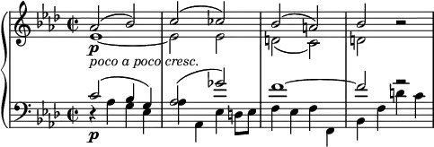 { \new PianoStaff <<
\new Staff <<
\new Voice \relative as' { \set Score.tempoHideNote = ##t \tempo 2 = 50
\clef "treble" \key aes \major \stemUp \set Staff.midiInstrument = #"piano" \time 2/2 | % 1
as2 \p _\markup{ \italic {poco a poco cresc.} } ^( bes2 ) | % 2
c2 ^( ces2 ) | % 3
bes2 ^( a2 ) | % 4
bes2 r2 }
\new voice \relative es' {
\clef "treble" \key as \major \stemDown \time 2/2 | % 1
es1 _~ | % 2
es2 es2 | % 3
d2 _( c2 ) | % 4
d2 s2 } >>
\new Staff <<
\new Voice \relative c' {
\clef "bass" \key as \major \stemUp \time 2/2 c2 \p ^( bes4 g4 ) | % 2
as2 ^( ges'2 ) | % 3
f1 ^~ | % 4
f2 r2 }
\new voice \relative as {
\clef "bass" \key as \major \stemDown \time 2/2 r4 as4 g4 es4 | % 2
as4 as,4 es'4 d8 es8 | % 3
f4 es4 f4 f,4 | % 4
bes4 f'4 d'4 c4 } >>
>> }