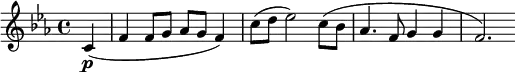 \new Score {
\new Staff {
\relative c' {
\time 4/4
\key f \dorian
\clef treble
\set Score.tempoHideNote = ##t
\tempo 4 = 60
\partial 4 c4\p( | f4 f8 g aes g f4) | c'8( d ees2) c8( bes | aes4. f8 g4 g | f2.)
}
}
}