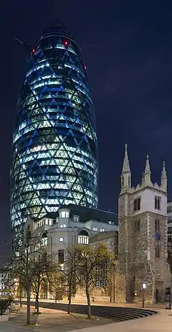 The "Gherkin" and St. Andrew Undershaftat 30 St Mary Axe by Diliff