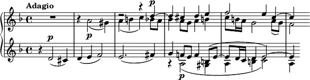 { \new PianoStaff <<
\new Staff <<
\tempo Adagio
\set Staff.midiInstrument = #"clarinet"
\new Voice \relative c'' {
\set Score.tempoHideNote = ##t \tempo 4 = 46
\stemUp \clef treble \key d \minor \time 4/4
s1 s1 r2 r4 d^\p^~ d cis d e f2 e4 c^~ c4
}
\new Voice \relative c'' {
\stemDown
R1 r4 a2\p_( gis4) a_( b c) bes8 a bes4 a8 g a4 b c8 b16 a g2 a8_( g) f2
}
>>
\new Staff <<
\set Staff.midiInstrument = #"bassoon"
\mergeDifferentlyHeadedOn
\mergeDifferentlyDottedOn
\new Voice \relative c' {
\stemUp \clef treble \key d \minor \time 4/4
r4 d2^\markup {\dynamic p}( cis4) d( e f2) e2.( fis4) g f!8 e f4 b,8^( e^~ e8 d16 c d4 e2^~) e4
}
\new Voice \relative c' {
\stemDown
s1 s1 s1 r4 a2\p_( gis4 a b c2) a4
}
>>
>> }
