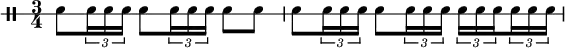 \new DrumStaff \with{
\override StaffSymbol.line-count = #1
drumStyleTable = #percussion-style
}
\drummode {
\time 3/4 {
\set Score.tempoHideNote = ##t \tempo 8 = 120
\set subdivideBeams = ##t
\set baseMoment = #(ly:make-moment 1/8)
\set beatStructure = #'(2 2 2)
snare8 \tuplet 3/2 {snare16 snare16 snare16} snare8 \tuplet 3/2 {snare16 snare16 snare16} snare8 snare8 |
snare8 \tuplet 3/2 {snare16 snare16 snare16} snare8 \tuplet 3/2 {snare16 snare16 snare16} \tuplet 3/2 {snare16 snare16 snare16} \tuplet 3/2 {snare16 snare16 snare16}
}
}