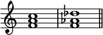 {
\override Score.TimeSignature
#'stencil = ##f
\relative c' {
\time 4/4 \key c \major
<f a c>1 <f aes des> \bar "||"
}
}