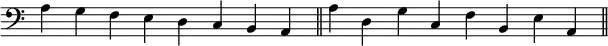 {
\omit Score.TimeSignature
\relative c' { \key c \major \clef bass \time 8/4
a g f e d c b a \bar "||" a' d, g c, f b, e a, \bar "||"
} }
\layout { \context { \Score \override SpacingSpanner.base-shortest-duration = #(ly:make-moment 1/16) } }