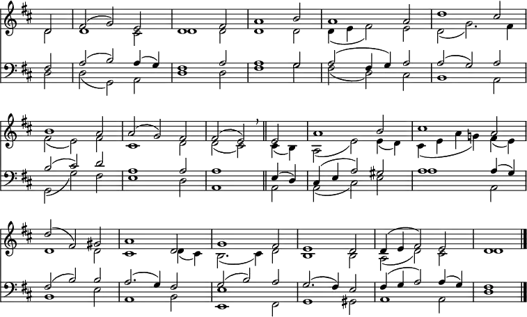<< <<
\new Staff { \clef treble \time 3/2 \partial 2 \key d \major \set Staff.midiInstrument = "flute"
\omit Staff.TimeSignature \set Score.tempoHideNote = ##t \override Score.BarNumber #'transparent = ##t
\relative c'
<< { d2 | fis( g) e | d1 fis2 | a1 b2 | a1 a2 | d1 cis2 | \break
b1 a2 | a( g) fis | fis( e) \breathe \bar"||" e | a1 b2 | cis1 a2 |
d( fis,) gis | a1 d,2 | g1 fis2 | e1 d2 | d4( e fis2) e | d1 \bar"|." } \\
{ d2 | d1 cis2 | d1 d2 | d1 d2 | d4( e fis2) e | d( g2.) fis4 |
fis2( e) fis | cis1 d2 | d( cis) cis4( b) | a2( e') e4( d) | cis( e a g!) fis( e) |
d1 d2 | cis1 d4( cis) | b2.( cis4) d2 | b1 b2 | a( d) cis | d1 } >>
}
\new Staff { \clef bass \key d \major \set Staff.midiInstrument = "flute" \omit Staff.TimeSignature
\relative c
<< { fis2 | a( b) a4( g) | fis1 a2 | a1 g2 | a( fis4 g) a2 | a( g) a |
b( cis) d | a1 a2 | a1 e4( d) | cis( e a2) gis | a1 a4( g) |
fis2( b) b | a2.( g4) fis2 | g( b) a | g2.( fis4) e2 | fis4( g a2) a4( g) | fis1 } \\
{ d2 | d( g,) a | d1 d2 | fis1 g2 | fis( d) cis | b1 a2 |
g( g') fis | e1 d2 | a1 a2 | a( cis) e | a1 a,2 |
b1 e2 | a,1 b2 | <e e,>1 fis,2 | g1 gis2 | a1 a2 | d1 } >>
}
>> >>
\layout { indent = #0 }
\midi { \tempo 2 = 68 }