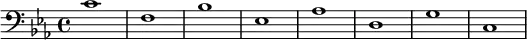 {
\new Staff <<
\new Voice \relative c' {
\stemDown \clef bass \key c \minor \time 4/4 \tempo 1 = 60 \set Score.tempoHideNote = ##t
c1 f, bes es, as d, g c,
}
>>
}