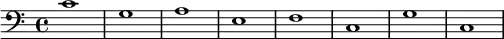 {
\new Staff <<
\new Voice \relative c' {
\stemDown \clef bass \key c \major \time 4/4 \tempo 1 = 60 \set Score.tempoHideNote = ##t
c1 g a e f c g' c,
}
>>
}