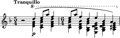 {\new PianoStaff <<
\new Staff
\relative c'' <<
{
\clef treble
\key f\major
\set Score.tempoHideNote = ##t
\tempo "Tranquillo" 4=88
\time 5/4 b2\rest \ottava #1 d'4\p( e8 a f4
\time 6/4 e8 a f4 d e bes a)
}
\\
\relative c'' {
\time 5/4 s2 \ottava #1 <d f a>4 <c e a c>4 <d f a d>4
\time 6/4 <c e a c> <bes d bes' f> <g bes g' bes> <e bes' d e g> <g bes d e g> <a cis e g>
}
>>
>>}