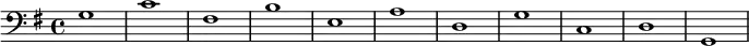 {
\new Staff <<
\new Voice \relative c' {
\stemDown \clef bass \key g \major \time 4/4 \tempo 1 = 60 \set Score.tempoHideNote = ##t
g1 c fis, b e, a d, g c, d g,
}
>>
}