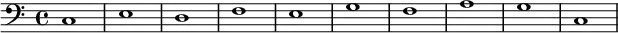 {
\new Staff <<
\new Voice \relative c' {
\stemDown \clef bass \key c \major \time 4/4 \tempo 1 = 60 \set Score.tempoHideNote = ##t
c,1 e d f e g f a g c,
}
>>
}