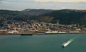 Aerial photo of harbour and city.