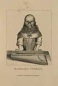 Etching with stipple of a woman with a hairy face playing the harpsichord