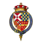 Arms of Sir George Nevill, 5th Baron Bergavenny, KG, PC, as displayed on his stall plate in St. George's chapel - 1st, Nevill; 2nd, Warren; 3rd, quarterly Clare and Despencer; 4th, Beauchamp