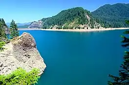 View of Cougar Reservoir, Lane county Oregon, on a clear and sunny day.