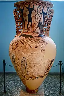 Ancient Greek vase-painting of the cyclops Polyphemus being blinding by several men, who drive a wooden stake into his single eye.