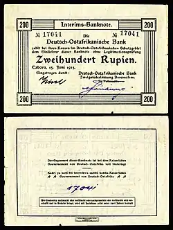 Image 6German East African rupieBanknote design credit: Deutsch-Ostafrikanische Bank; photographed by Andrew ShivaThe rupie was the unit of currency of German East Africa between 1890 and 1916. During World War I, the colony was cut off from Germany as a result of a wartime blockade and the colonial government needed to create an emergency issue of banknotes. Paper made from linen or jute was initially used, but because of wartime shortages, the notes were later printed on commercial paper in a variety of colours, wrapping paper, and in one instance, wallpaper. This two hundred rupie banknote was issued in 1915, and is now part of the National Numismatic Collection at the Smithsonian Institution.Other denominations: '"`UNIQ--templatestyles-00000014-QINU`"'* 1 rupie* 5 rupie* 10 rupie* 20 rupie* 50 rupieMore selected pictures