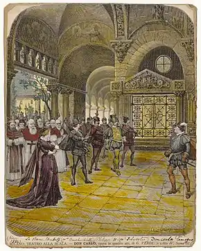 Image 114Scene of Don Carlos, by Carlo Cornaglia and Giuseppe Barberis (restored by Adam Cuerden) (from Wikipedia:Featured pictures/Culture, entertainment, and lifestyle/Theatre)