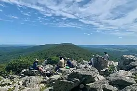 View of rocky terrain and forested mountains
