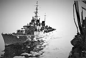 Impetuoso coming alongside USS Kalamazoo in the Mediterranean Sea in June 1977.