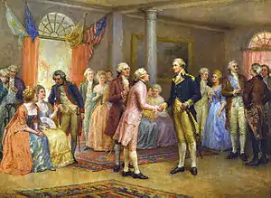 Painting of Washington shaking hands with the Marquis de Lafayette in a room full of people