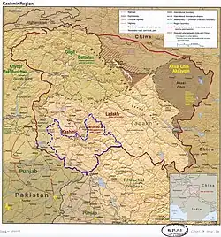 Poonch district is in the Jammu division (shown with neon blue boundary) of Indian-administered Jammu and Kashmir (shaded in tan in the disputed Kashmir region