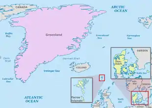 Image 13Comparison map: Greenland, the Faroe Islands (enlarged) and Denmark differ significantly in size. The Danish Realm is spread across the North Atlantic Ocean and North Sea. (from List of transcontinental countries)