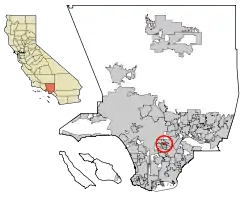 Location of Maywood in Los Angeles County, California