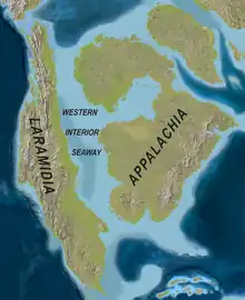 Diagram North America, with blue coloring in the middle of the continent representing an ancient sea.