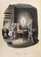 The ghost of Marley walking towards Scrooge, who is warming himself by the fire