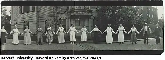 It is a picture called "paper doll" in which Harvard Computers are shown holding hands. The shooting year is 1918 theory is influential. Left to right: Ida E. Woods, Evelyn Leland, Florence Cushman, Grace Brooks, Mary Vann, Henrietta Swan Leavitt, Mollie O'Reilly, Mabel Gill, Alta Carpenter, Annie Jump Cannon, Dorothy Block, Arville Walker, Frank E. Hinckley (telescope operator), Edward King (chief of stellar photography). Photo credit: UAV 630.271 (391), olvwork432043. Harvard University Archives.