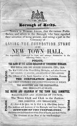 An old document for the "ceremony of laying the foundation stone for the New Town Hall", with a list of attendees