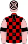 Red and black check, pink sleeves, black armlets, hooped cap