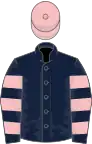 Dark blue, pink hooped sleeves, pink cap