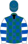 Dark green and royal blue check, white and royal blue hooped sleeves, dark green and royal blue check cap