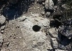 A posthole dug by the Hohokams inside their house. The Hohokams placed heavy mesquite or pine posts in them to support a roof.