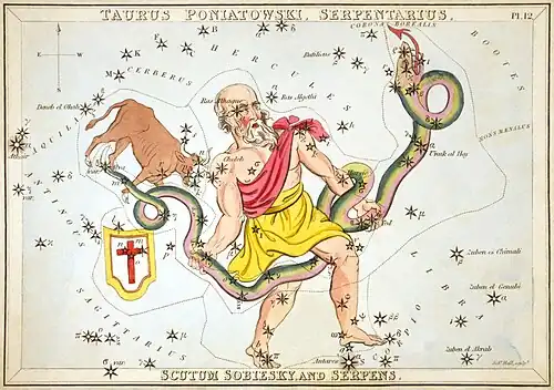 Serpens shown as a snake being held by Ophiuchus in Urania's Mirror.