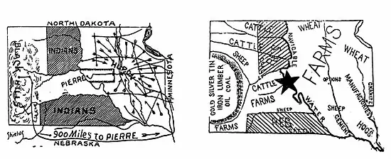 Image 1Huron (left) and Pierre (right) issued rival maps that claimed each as the best place voters should choose for the new state capital in 1890. (from History of South Dakota)