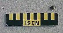A ball of tar about 1 cm (0 in) wide on sand above a 15 cm (6 in) scale