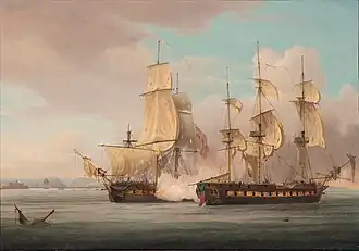 Two warships exchange fire on a calm sea. The left ship flies a red flag with a red cross and the right one a red, white and blue tricolour. Both ships are badly damaged, particularly in their sails and rigging.