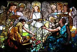 Image 9The center third of Education (1890), a stained glass window by Louis Comfort Tiffany and Tiffany Studios, located in Linsly-Chittenden Hall at Yale University. It depicts Science (personified by Devotion, Labor, Truth, Research and Intuition) and Religion (personified by Purity, Faith, Hope, Reverence and Inspiration) in harmony, presided over by the central personification of "Light·Love·Life".