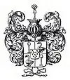 Full coat of arms as Free Lords of Zuid-Polsbroek, 1610–1870 (shovel, swan resp goose and rhombus)